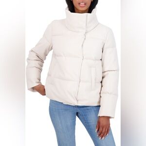 NWT SEBBY Funnel Neck Ivory Faux Leather Puffer Jacket Medium
